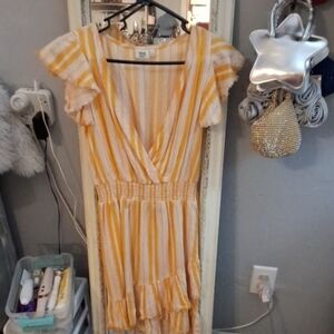 Yellow and White Striped Dress with Ruffle Sleeves
